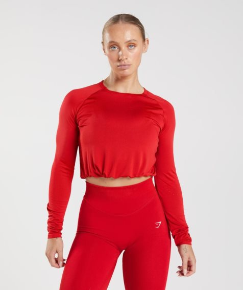 Women's Gymshark Sweat Seamless Long Sleeve Cropped Tops Red | CA 0N6538